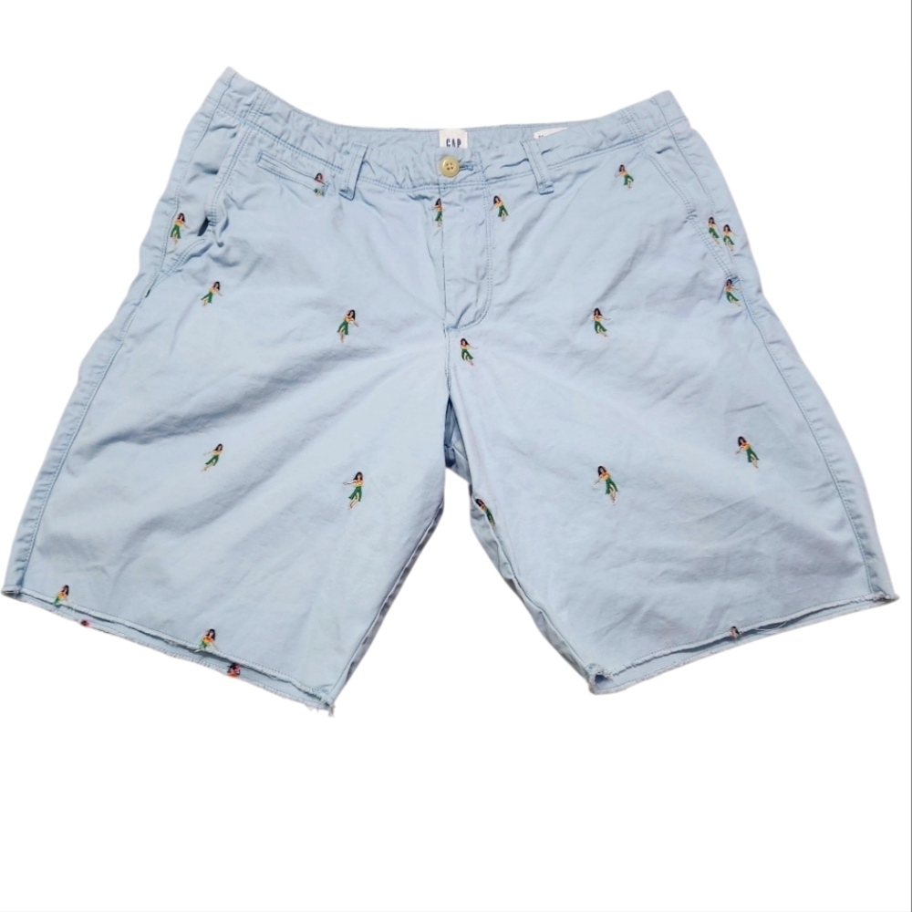 GAP Men's Hula Girl Raw Edge Light Blue Shorts Size 34 Aloha Hawaiian Vibe Luau